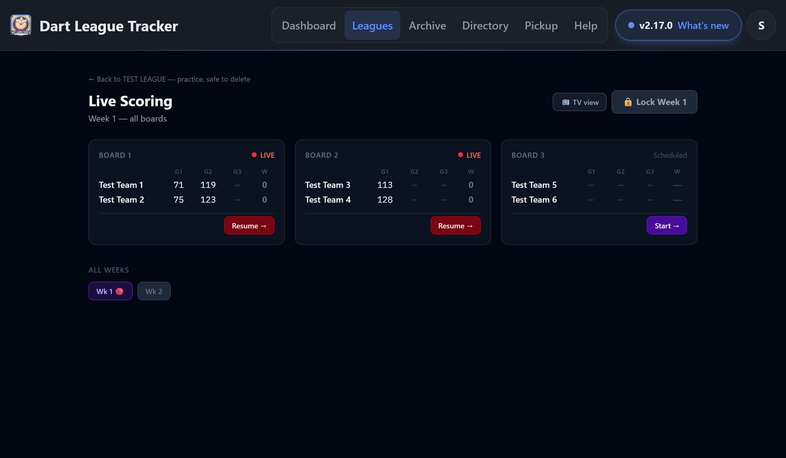 The boards screen: a card for each board with the teams and game scores, live boards marked, and Resume and Start buttons.