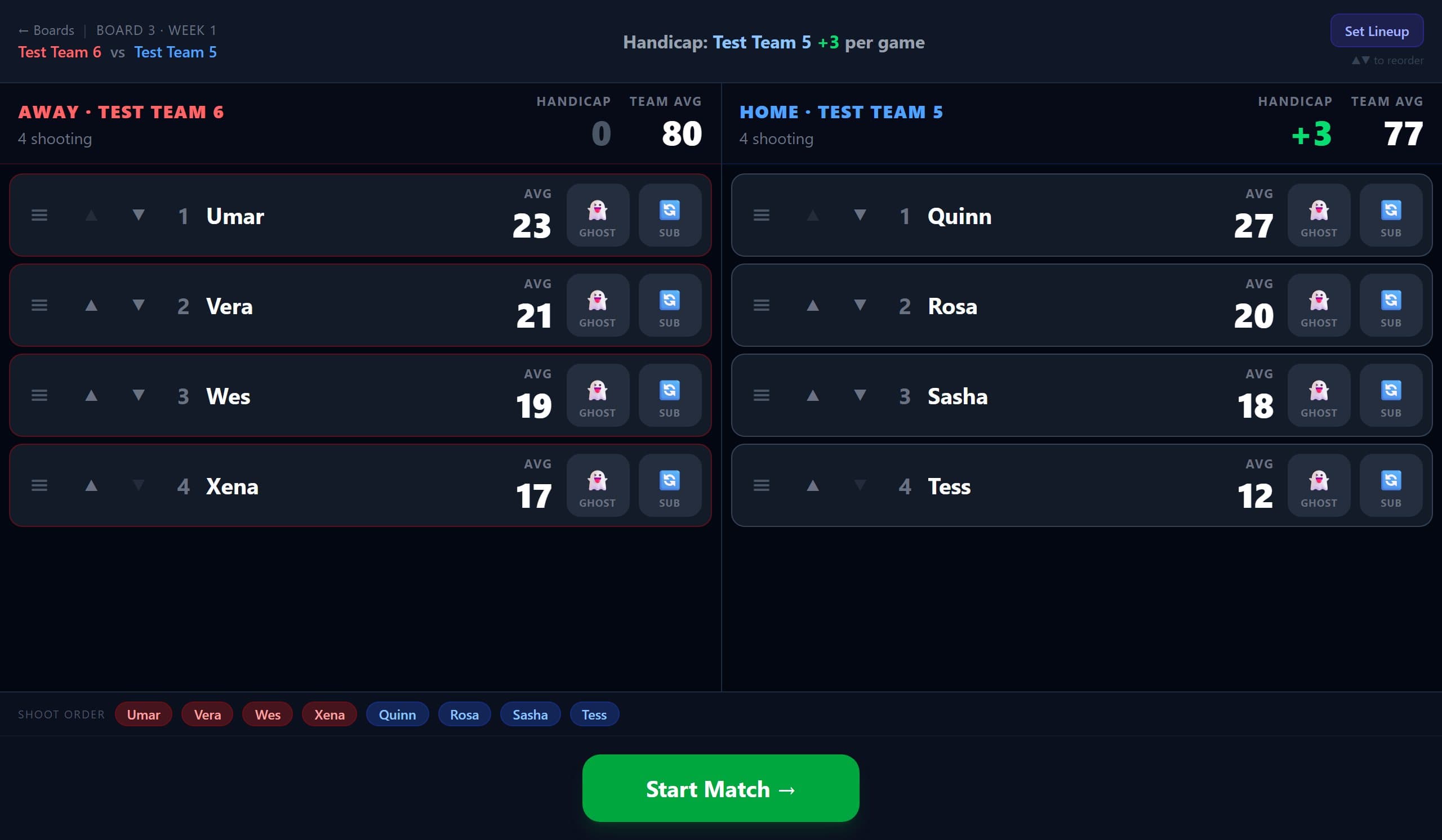 The lineup screen: both teams’ shooters with their averages, Ghost and Sub buttons, the handicap, and Start Match.