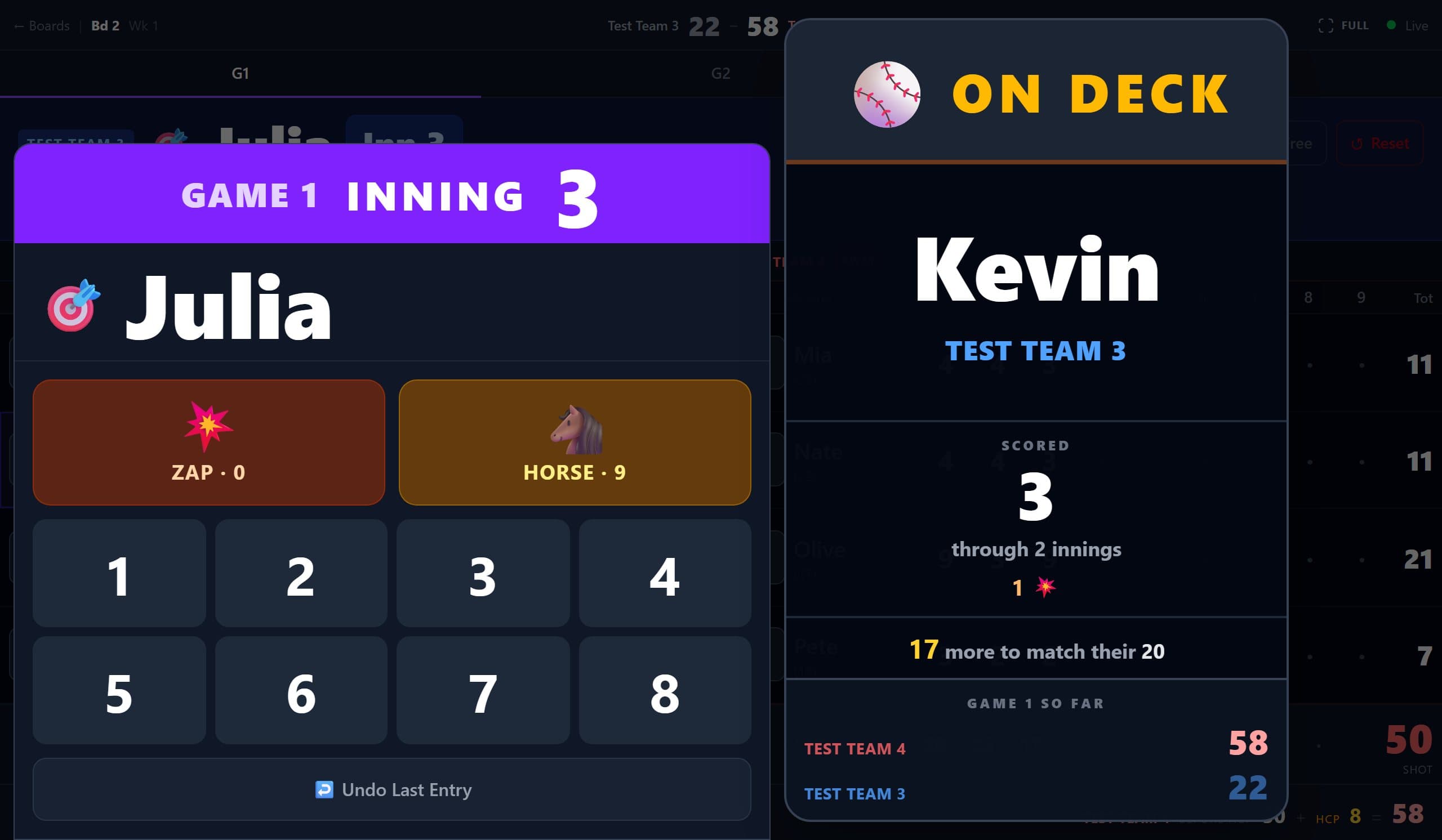 The scoring keypad with ZAP, HORSE and 1 to 8, and the On Deck panel showing the next shooter and the game so far.