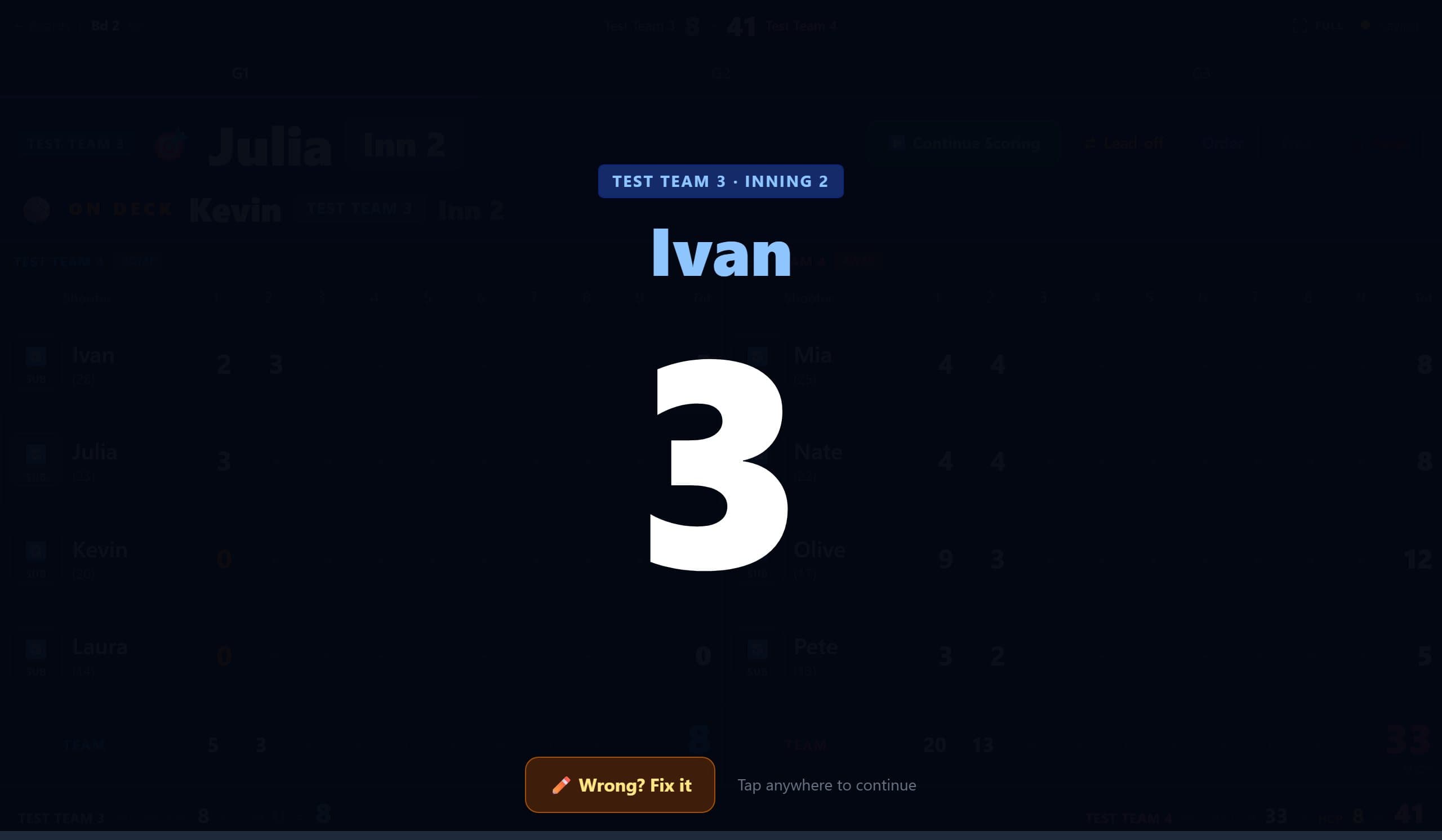 A score shown huge in the middle of the screen with the shooter’s name and a Wrong? Fix it button.