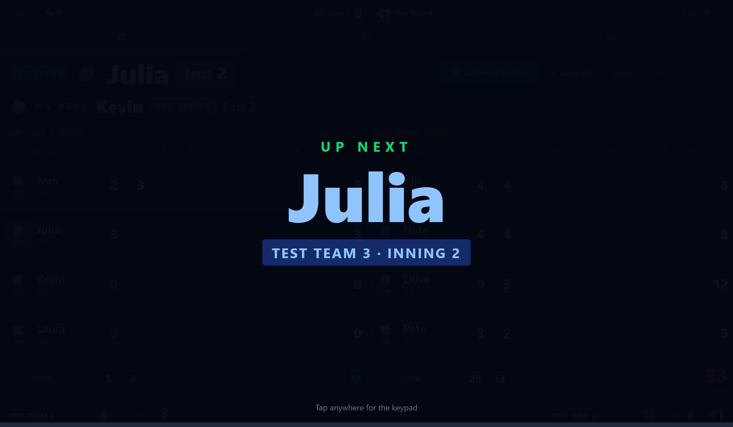 An Up Next screen naming the next shooter in large letters.